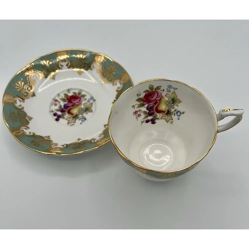 Vintage Paragon England Floral Rose‎ White Turquoise Tea Cup & Saucer Set